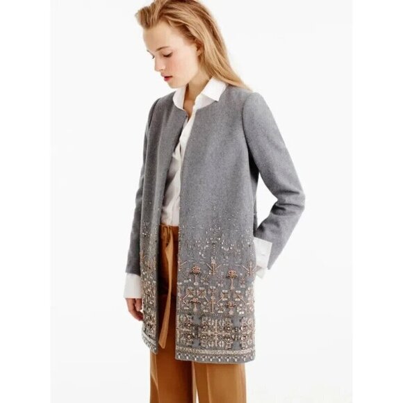 NWT J.Crew Collection Embellished Cocoon Coat in Gray Beaded Wool Topcoat 8 - Picture 12 of 14